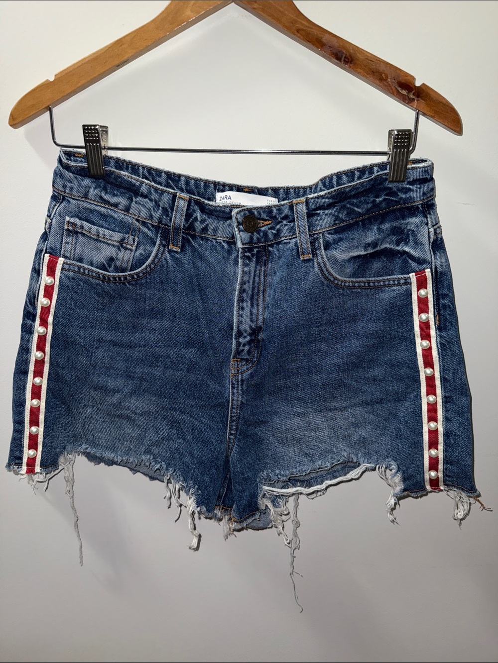Zara Blue Denim Jean Shorts with Red & White Studded Side Stripes